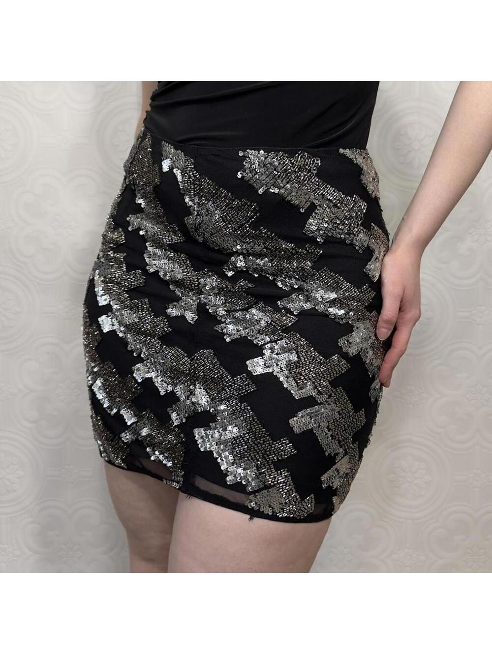 Hours Mini Skirt Womens Small Sparkly Black Silver Sequin Geometric Ibiza Sleaze